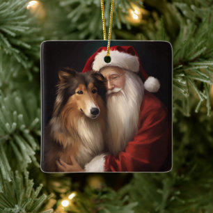 Ruw Collie Met Sinterklaas Feestelijke Kerstmis Keramisch Ornament