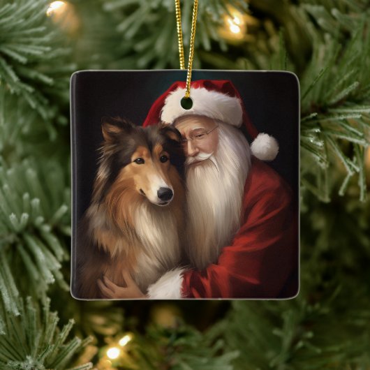 Ruw Collie Met Sinterklaas Feestelijke Kerstmis Keramisch Ornament (Boom)