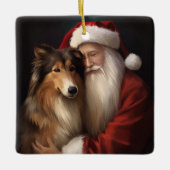 Ruw Collie Met Sinterklaas Feestelijke Kerstmis Keramisch Ornament (Voorkant)