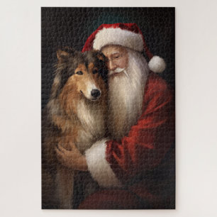 Ruw Collie Met Sinterklaas Feestelijke Kerstmis Legpuzzel