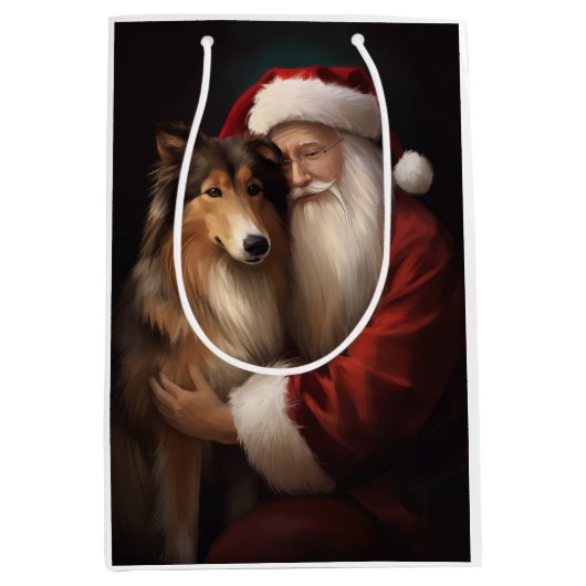 Ruw Collie Met Sinterklaas Feestelijke Kerstmis Medium Cadeauzakje (Voorkant)