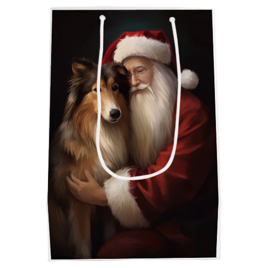 Ruw Collie Met Sinterklaas Feestelijke Kerstmis Medium Cadeauzakje (Achterkant)