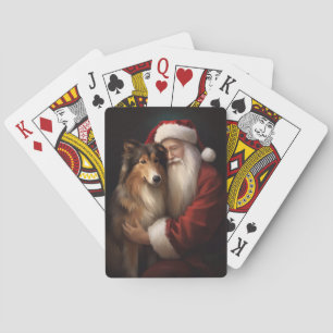 Ruw Collie Met Sinterklaas Feestelijke Kerstmis Pokerkaarten
