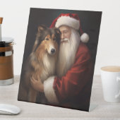 Ruw Collie Met Sinterklaas Feestelijke Kerstmis Reclamebord Met Voetstuk (Insitu)