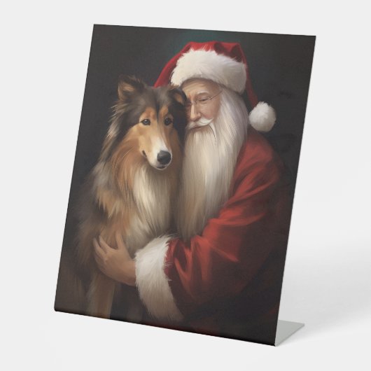 Ruw Collie Met Sinterklaas Feestelijke Kerstmis Reclamebord Met Voetstuk (Voorkant)