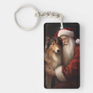 Ruw Collie Met Sinterklaas Feestelijke Kerstmis Sleutelhanger