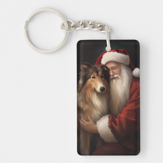 Ruw Collie Met Sinterklaas Feestelijke Kerstmis Sleutelhanger (Voorkant)