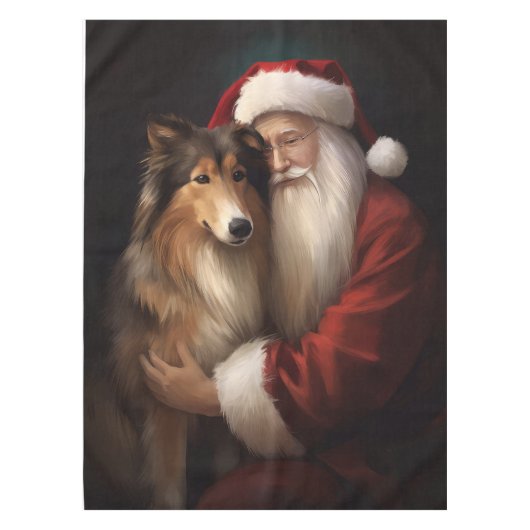 Ruw Collie Met Sinterklaas Feestelijke Kerstmis Tafelkleed (Voorkant)