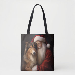 Ruw Collie Met Sinterklaas Feestelijke Kerstmis Tote Bag