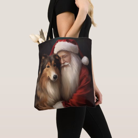 Ruw Collie Met Sinterklaas Feestelijke Kerstmis Tote Bag (Dichtbij)