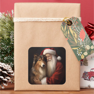 Ruw Collie Met Sinterklaas Feestelijke Kerstmis Vierkante Sticker