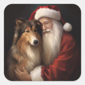 Ruw Collie Met Sinterklaas Feestelijke Kerstmis Vierkante Sticker (Voorkant)