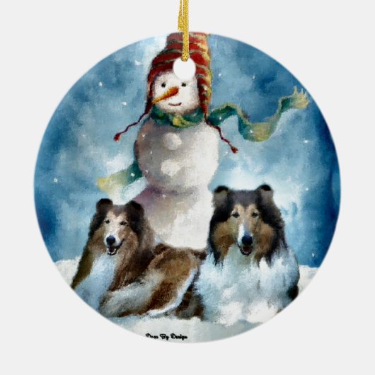 Ruw Collie met Sneeuwman Kerstmis Keramisch Ornament (Achterkant)