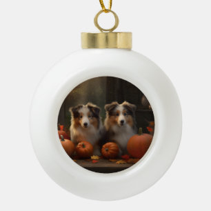 Ruw Collie Puppy Herfst Delight Pompoen Keramische Bal Ornament