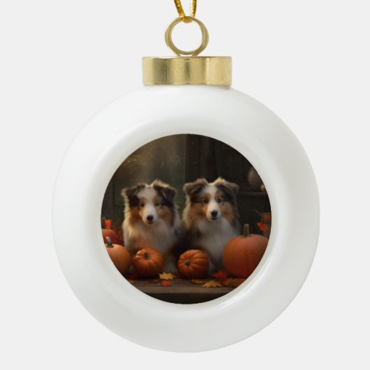 Ruw Collie Puppy Herfst Delight Pompoen Keramische Bal Ornament (Voorkant)
