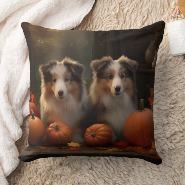 Ruw Collie Puppy Herfst Delight Pompoen Kussen (Deken)