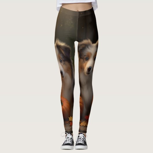 Ruw Collie Puppy Herfst Delight Pompoen Leggings (Voorkant)