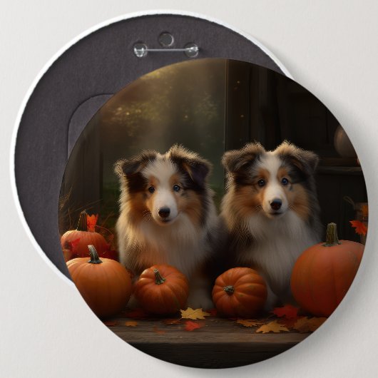 Ruw Collie Puppy Herfst Delight Pompoen Ronde Button 6,0 Cm (Voorkant /achterkant)