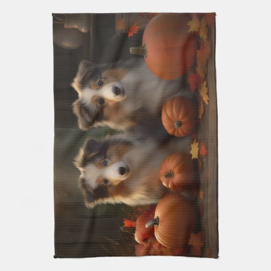 Ruw Collie Puppy Herfst Delight Pompoen Theedoek (Verticaal)