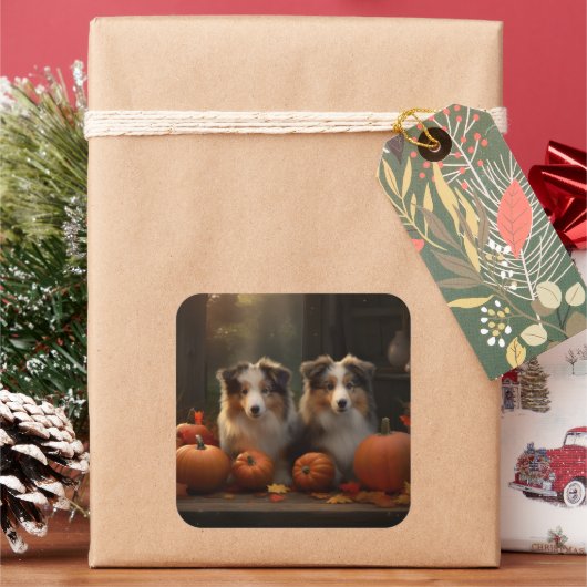 Ruw Collie Puppy Herfst Delight Pompoen Vierkante Sticker (Feestdagen)