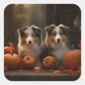 Ruw Collie Puppy Herfst Delight Pompoen Vierkante Sticker (Voorkant)