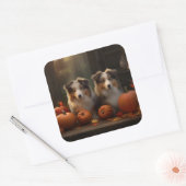 Ruw Collie Puppy Herfst Delight Pompoen Vierkante Sticker (Envelop)