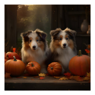 Ruw Collie Puppy Herfst Plezier Pompoen  Perfect Poster