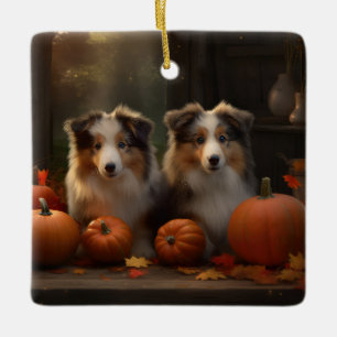 Ruw Collie Puppy Herfstpracht Pompoen  Keramisch Ornament