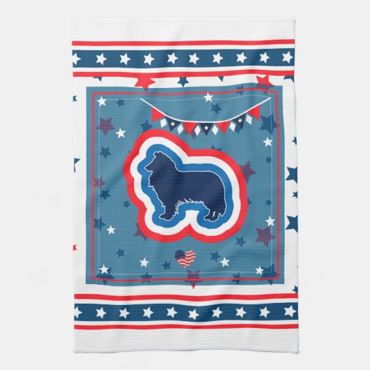 Ruw Collie Rood Wit En Blauw 4 juli Theedoek (Verticaal)