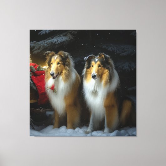 Ruw Collie Snowy Sleigh Kerstmisdecor Canvas Afdruk (Voorkant)