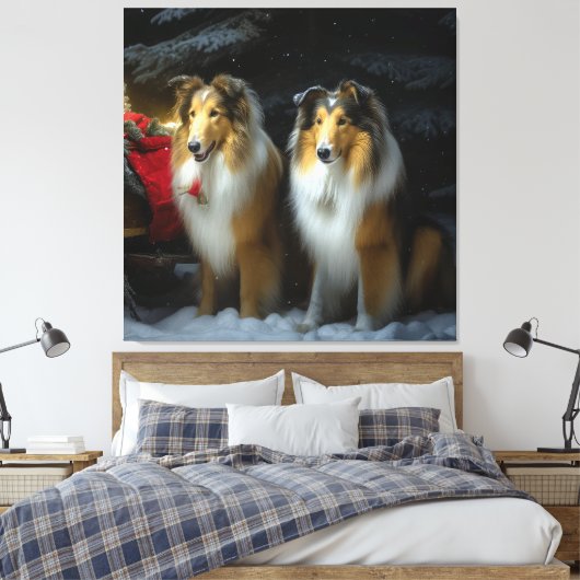 Ruw Collie Snowy Sleigh Kerstmisdecor Canvas Afdruk (Insitu (Slaapkamer))