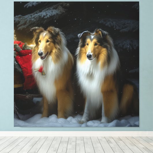 Ruw Collie Snowy Sleigh Kerstmisdecor Canvas Afdruk (Insitu (Houten vloer))