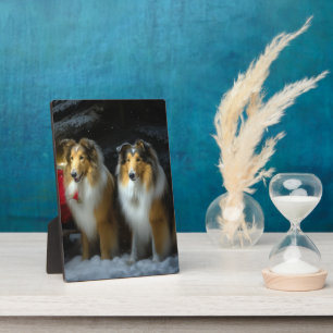 Ruw Collie Snowy Sleigh Kerstmisdecor Fotoplaat