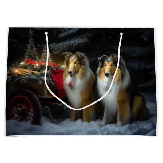 Ruw Collie Snowy Sleigh Kerstmisdecor Groot Cadeauzakje (Voorkant)