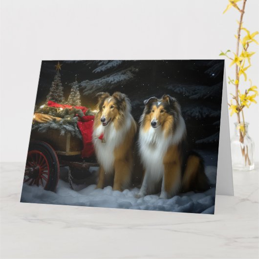 Ruw Collie Snowy Sleigh Kerstmisdecor Kaart (Gele Bloem)