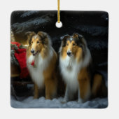 Ruw Collie Snowy Sleigh Kerstmisdecor Keramisch Ornament (Achterkant)