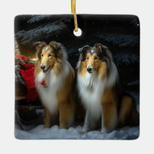 Ruw Collie Snowy Sleigh Kerstmisdecor Keramisch Ornament (Voorkant)