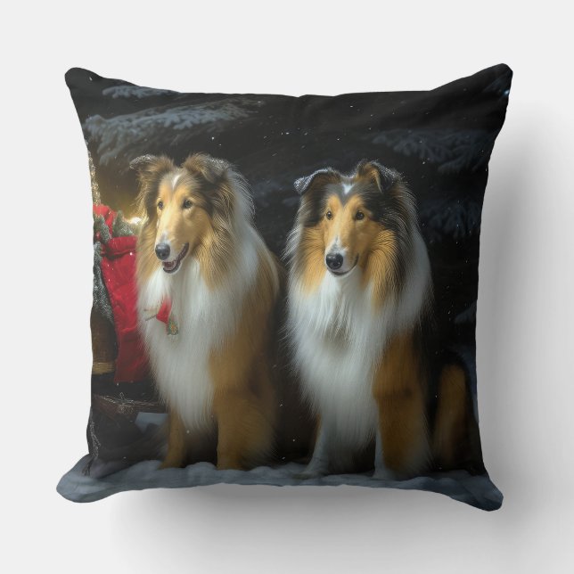 Ruw Collie Snowy Sleigh Kerstmisdecor Kussen (Voorkant)