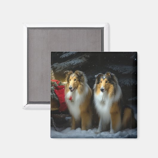 Ruw Collie Snowy Sleigh Kerstmisdecor Magneet (Voorkant / Achterkant)