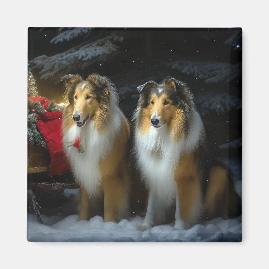 Ruw Collie Snowy Sleigh Kerstmisdecor Magneet (Voorkant)