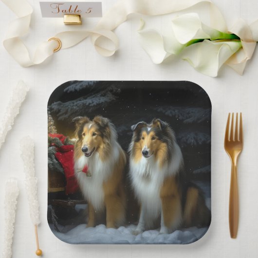 Ruw Collie Snowy Sleigh Kerstmisdecor Papieren Bordje (Huwelijk)