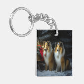 Ruw Collie Snowy Sleigh Kerstmisdecor Sleutelhanger (Voorkant Links)