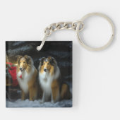 Ruw Collie Snowy Sleigh Kerstmisdecor Sleutelhanger (Achterkant)