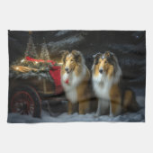 Ruw Collie Snowy Sleigh Kerstmisdecor Theedoek (Horizontaal)
