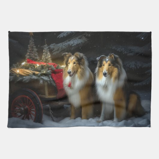 Ruw Collie Snowy Sleigh Kerstmisdecor Theedoek (Horizontaal)