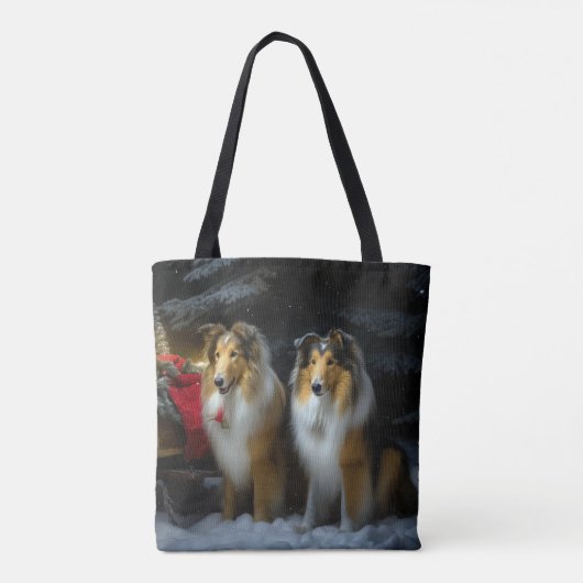 Ruw Collie Snowy Sleigh Kerstmisdecor Tote Bag (Achterkant)