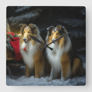 Ruw Collie Snowy Sleigh Kerstmisdecor Vierkante Klok