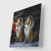 Ruw Collie Snowy Sleigh Kerstmisdecor Vierkante Klok (Hoek)