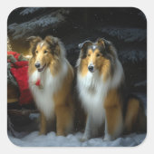 Ruw Collie Snowy Sleigh Kerstmisdecor Vierkante Sticker (Voorkant)