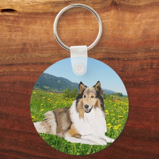 Ruw Collie tegen een bekerwei. Sleutelhanger (Voorkant)